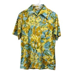 Vintage 60s 70s Size Medium Mens Shirt Dagger Collar Yellow Blue Floral Disco